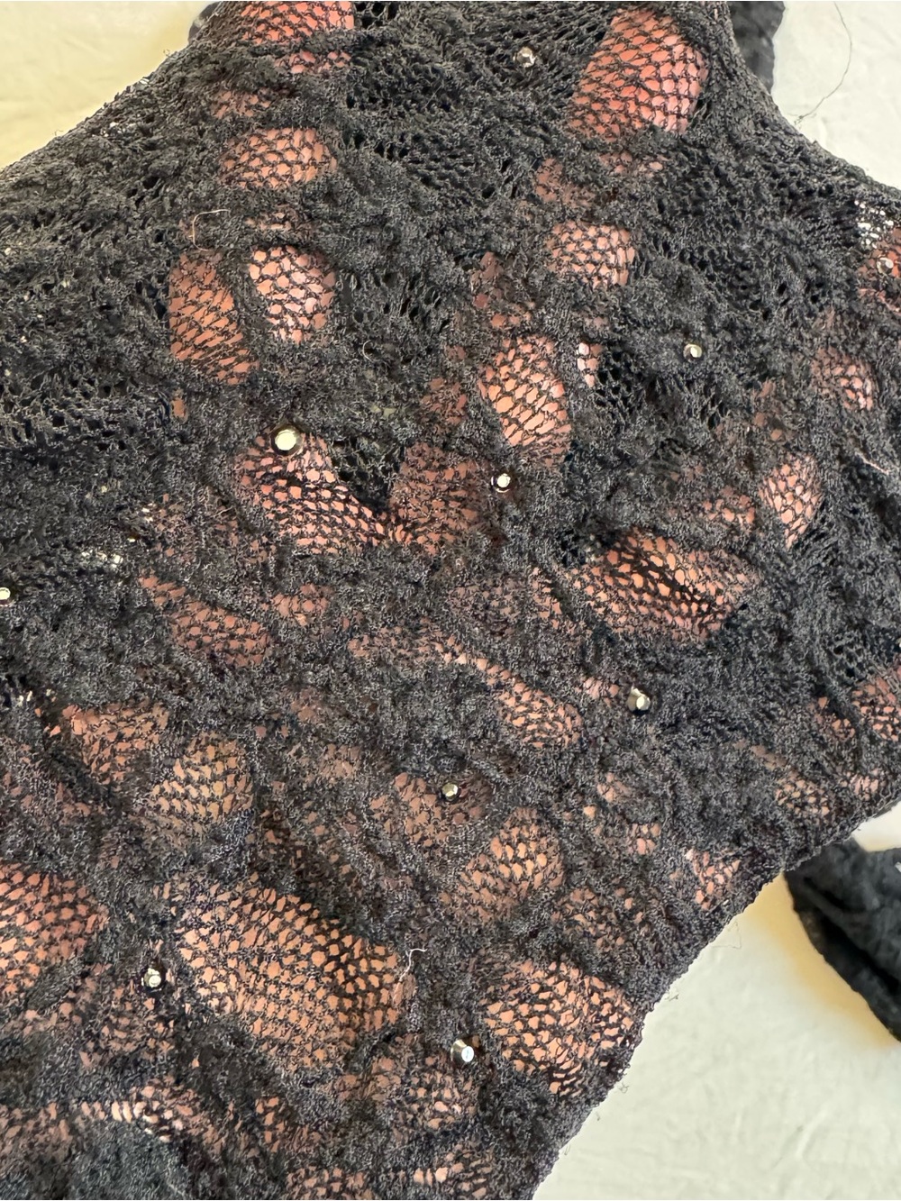 Sexy black lace long sleeve mock neck top with rhinestones - Picture 2 of 7